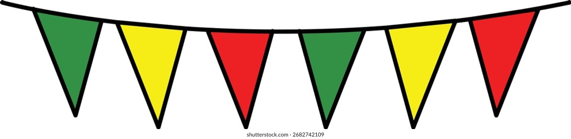 An isolated, digital illustration of a string of hanging pennant flags in alternating green, yellow, and red colors.