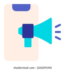 Isolated digital marketing in blue flat icon on white background. Mobile marketing, advertising, megaphone, bullhorn