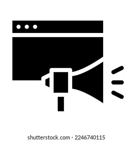 Isolated digital marketing in glyph icon on white background. Megaphone, bullhorn, browser, app, promotion, advertisement