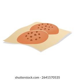 Isolated digital simple drawing of a chocolate chip cookie resting on a beige paper napkin