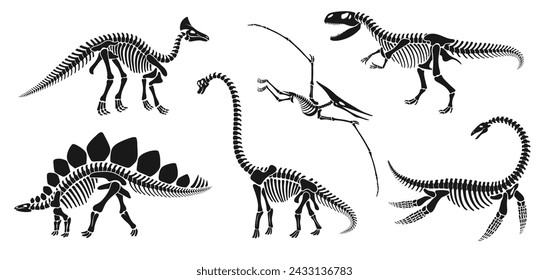 Isolated dinosaur skeleton fossil, dino bones. Vector reptile animal silhouettes. brachiosaurus, stegosaurus, olorotitan, tyrannosaur or trex, elasmosaurus and pterodactyl ancient reptilian remnants