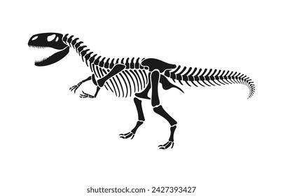 Isolierte Dinosaurier-Skelett-Fossil oder Jura-Dino-Knochen, Vektor-Impressum. Dinosaurier Archäologie Fossil Skelett von ausgestorbenen Reptilien Eidechse, T-Rex Tyrannosaurus oder Velociraptor Dino Knochen Silhouette