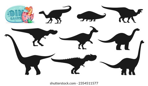 Isolated dinosaurs cartoon characters silhouettes. Plateosaurus, Hyperodapedon, Tarbosaurus and Parasaurolophus, Vulcanodon, Omeisaurus, Allosaurus and Brachiosaurus, Iguanodon dinosaurs silhouettes