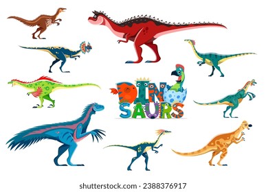 Isolated dinosaurs cute cartoon characters. Jurassic era reptile, prehistoric reptile, funny Troodon, Dilophosaur, Carnotaurus, Therizinosaurus and Compsognathus, Pachycephalosaurus vector dinosaurs