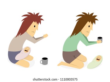 Isolated disabled beggar with baby on white, vector art