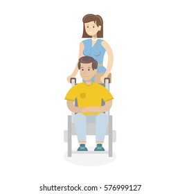 Isolated disabled man on white background. Young man in wheelchair with helper.