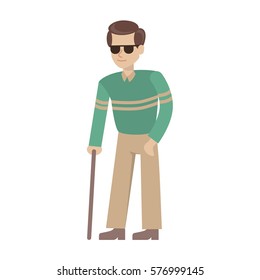 Isolated disabled man on white background. Young handsome blind man in dark glasses with stick.