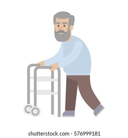 Isolated disabled man on white background. Old man with walker.