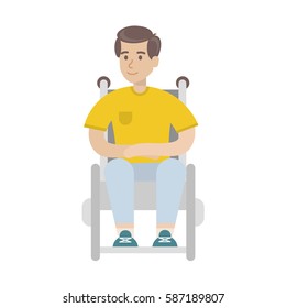 Isolated disabled man on white background. Young smiling man in wheelchair.