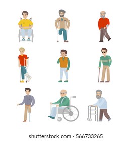 Isolated disabled set on white background. Men with disability. People with wheelchair, crutches and sticks.