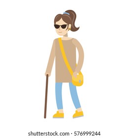 Isolated disabled woman on white background. Young beautiful blind woman in dark glasses with stick.