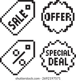 Isolated Discount Black Pixel Vector Icon Set, Pexels style sale tag price label special offer icon, discount black pixel vector minimal retro 8 bit design ideal for promotions and online sales