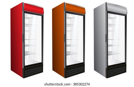 Isolated Display Market Commercial refrigerator for drinks, bottles, perishables. Vector illustration.