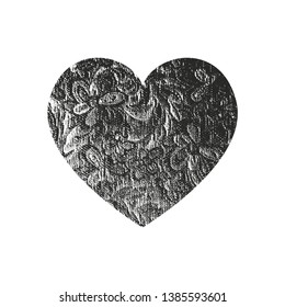 Isolated distress grunge heart with floral ornament texture. Element for greeting card, Valentine s Day, wedding. Creative concept. Vector illustration