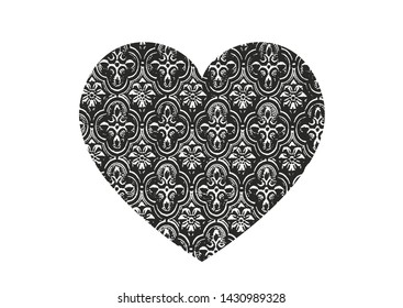 Isolated distress grunge heart with floral eastren ornament, flower and leaves texture. Element for greeting card, Valentine s Day, wedding. Creative concept. Vector illustration