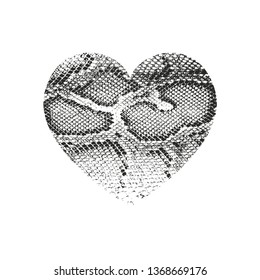 Isolated distress grunge heart with snake skin texture. Element for greeting card, Valentine s Day, wedding. Creative concept. Vector illustration