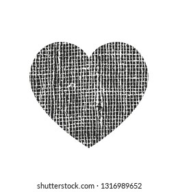Isolated distress grunge heart with weaving fabric texture. Element for greeting card, Valentine s Day, wedding. Creative concept. Vector illustration