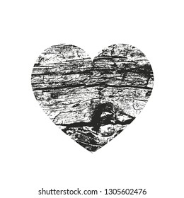 Isolated distress grunge heart with wooden texture. Element for greeting card, Valentine s Day, wedding. Creative concept. Vector illustration