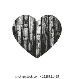 Isolated distress grunge heart with wooden texture. Element for greeting card, Valentine s Day, wedding. Creative concept. Vector illustration
