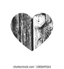 Isolated distress grunge heart with wooden texture. Element for greeting card, Valentine s Day, wedding. Creative concept. Vector illustration