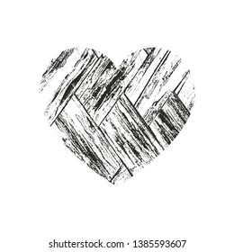 Isolated distress grunge heart with wooden plank texture. Element for greeting card, Valentine s Day, wedding. Creative concept. Vector illustration