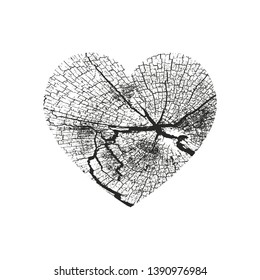 Isolated distress grunge heart with wooden texture. Element for greeting card, Valentine s Day, wedding. Creative concept. Vector illustration