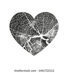 Isolated distress grunge heart with wooden texture. Element for greeting card, Valentine s Day, wedding. Creative concept. Vector illustration