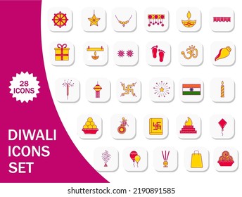 Isolated Diwali-28 Icons Set Against White And Pink Background.