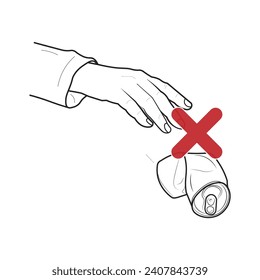 Isolated do not litter outline, keep clean illustration with outline hand throw used aluminium soft drink can with red crossed prohibition sign