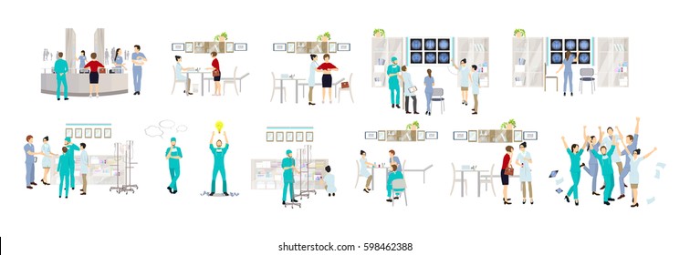 Isolated doctors set on white background. Doing examination, x-rays, celebrating and more.