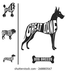 Isolated dog breed silhouettes set with names of breeds inside on white baclground. Vector illustration