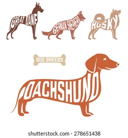 Isolated dog breed silhouettes set with names of breeds inside on white baclground. Vector illustration