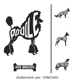 Isolated dog breed silhouettes set with names of breeds inside on white baclground. Vector illustration