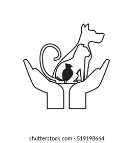 Isolated dog cat and bird over hands design