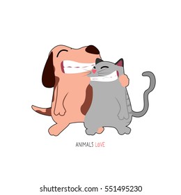 Isolated dog and cat hugging each other, Vector illustration