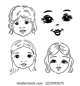 Isolated Doll Face. Closed Eyes. Pretty Face of Baby doll. Small . Line style. White background. Vector illustration.