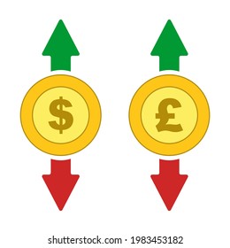 Dólar aislado, monedas de libras con flechas hacia arriba y hacia abajo, vector.