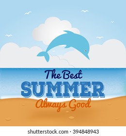 Isolated dolphin icon on a beach landscape with text