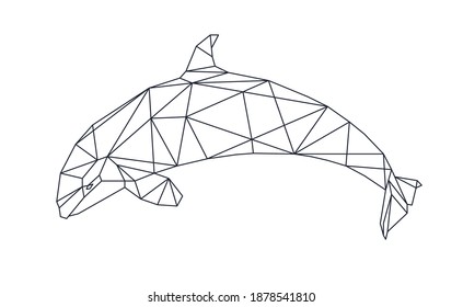 Isolated dolphin in low poly style on white background. A polygonal illustration of an aquatic animal consisting of triangles. Geometric design for the logo, for printing on clothes or poster. Vector.