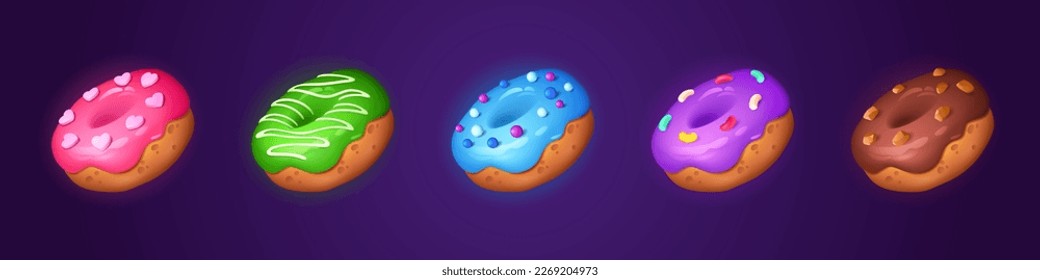 Ilustración de dibujos animados de iconos aislados de los juegos de comida donut. Fantasía diseño de conjunto de artículos de pastelería dulce con crema y lustrosa glaseada. Colección de activos png de panadería variada para el diseño de menús. Variedad de deliciosos aperitivos.