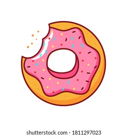 Isolated donut icon with pink icing on white background. Flat vector cartoon illustration.