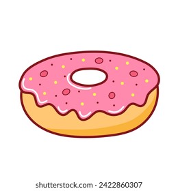 Isolated donut icon with pink icing on white background. Flat vector cartoon illustration. 