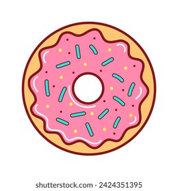 Isolated donut icon with pink icing on white background. Flat vector cartoon illustration. 