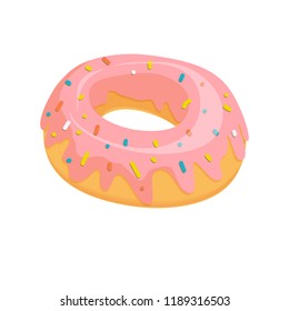 Isolated donut with pink glaze and confectionary multicolor powder. Vector color illustration in cartoon style. Can be used as an element of the cafe menu design, etc.