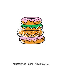 Isolated donuts on a white background.Sweet sugar icing donuts. break time with white chocolate, strawberry and chocolate donuts top view.