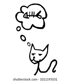 isolated doodle black cat dreaming of eating a fish, on white - vector illustration