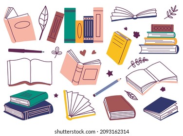 Isolated doodle books. Sketchy book stack, colorful notebook and dictionary. Kids library, read time. Pen and pencil, flat school, university education decent vector tool