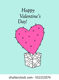 Isolated doodle cactus in the pot and text Happy Valentine`s Day for Valentine greeting card, invitation, save date, wedding, holiday. Print for decorate t-shirt, tunic, bag, home, dishes. eps 10. 