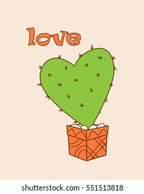 Isolated doodle cactus in the pot and  word Love for Valentine greeting card, invitation, save date, wedding, holiday. Print for decorate t-shirt, tunic, bag, home, dishes. eps 10. 