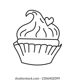 Isolated doodle cake, cupcake black and white. Outline vector illustration Icon sweets concept.
